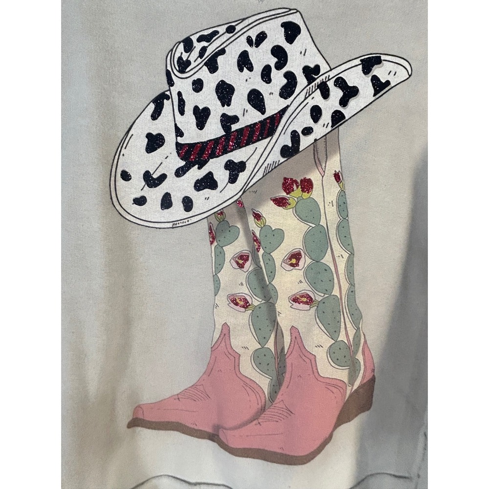 12PM Graphic Sweatshirt Women Cowgirl Hat Cactus Pink Boots Light Gray Pullover - Picture 3 of 7